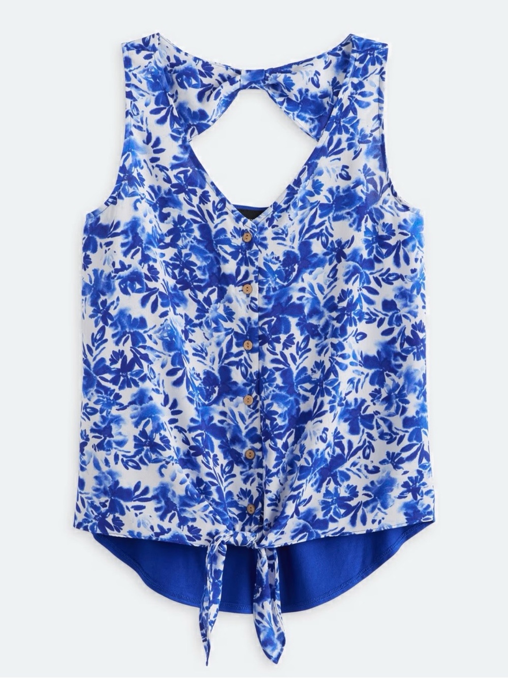 Fortune + Ivy Avayah Back Detail Mixed Material Blouse Blue Floral Tie Front Top